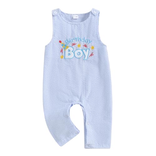 Baby Jungen Mädchen 1.Geburtstag Jumpsuit Sommer Ärmellos Gestreifte Stickerei Strampler Geburtstag Party Fotoshooting Outfit Baby Unisex Sommer Alltags Streifen Bodysuit (Blau-D, 6-12 Monate) von MAHUAOYIXI