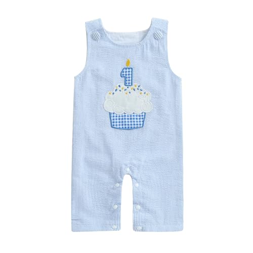 Baby Jungen Mädchen 1.Geburtstag Jumpsuit Sommer Ärmellos Gestreifte Stickerei Strampler Geburtstag Party Fotoshooting Outfit Baby Unisex Sommer Alltags Streifen Bodysuit (Blau-J, 12-18 Monate) von MAHUAOYIXI
