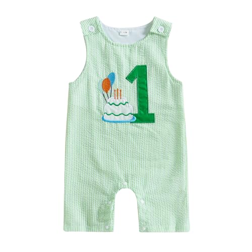 Baby Jungen Mädchen 1.Geburtstag Jumpsuit Sommer Ärmellos Gestreifte Stickerei Strampler Geburtstag Party Fotoshooting Outfit Baby Unisex Sommer Alltags Streifen Bodysuit (Grün-D, 12-18 Monate) von MAHUAOYIXI