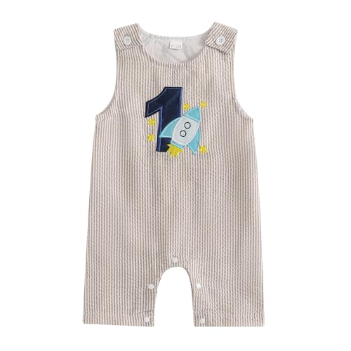 Baby Jungen Mädchen 1.Geburtstag Jumpsuit Sommer Ärmellos Gestreifte Stickerei Strampler Geburtstag Party Fotoshooting Outfit Baby Unisex Sommer Alltags Streifen Bodysuit (Khaki, 6-12 Monate) von MAHUAOYIXI
