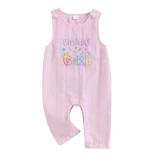 Baby Jungen Mädchen 1.Geburtstag Jumpsuit Sommer Ärmellos Gestreifte Stickerei Strampler Geburtstag Party Fotoshooting Outfit Baby Unisex Sommer Alltags Streifen Bodysuit (Rosa-A, 12-18 Monate) von MAHUAOYIXI