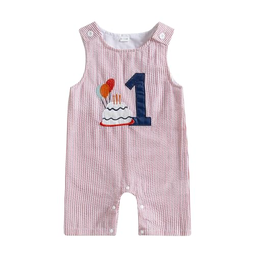 Baby Jungen Mädchen 1.Geburtstag Jumpsuit Sommer Ärmellos Gestreifte Stickerei Strampler Geburtstag Party Fotoshooting Outfit Baby Unisex Sommer Alltags Streifen Bodysuit (Rosa-C, 12-18 Monate) von MAHUAOYIXI