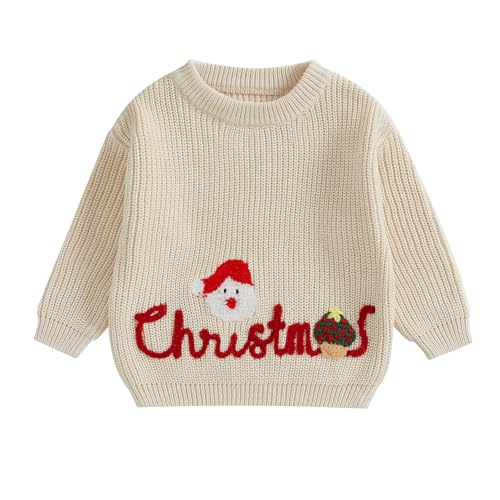 Baby Jungen Mädchen Weihnachten Pullover Christmas Stickerei Pullover Baby Unisex Weihnachtspulli Langarm Rundhalsausschnitt Buchstabenstickerei Weihnachten Strickpullover (Beige, 18-24 Months) von MAHUAOYIXI