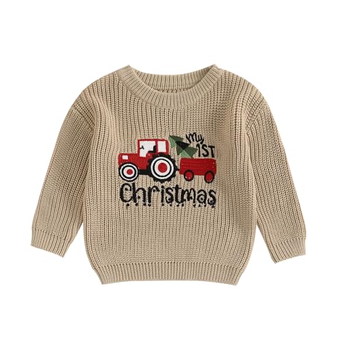 Baby Jungen Mädchen Weihnachten Pullover Christmas Stickerei Pullover Baby Unisex Weihnachtspulli Langarm Rundhalsausschnitt Buchstabenstickerei Weihnachten Strickpullover (Braun, 9-12 Months) von MAHUAOYIXI