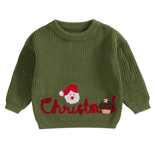 Baby Jungen Mädchen Weihnachten Pullover Christmas Stickerei Pullover Baby Unisex Weihnachtspulli Langarm Rundhalsausschnitt Buchstabenstickerei Weihnachten Strickpullover (Grün, 12-18 Months) von MAHUAOYIXI