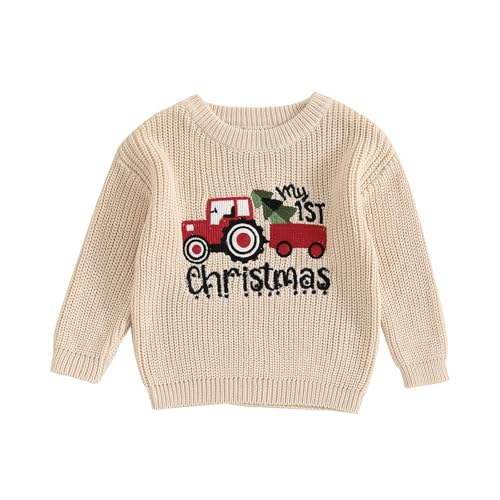 Baby Jungen Mädchen Weihnachten Pullover Christmas Stickerei Pullover Baby Unisex Weihnachtspulli Langarm Rundhalsausschnitt Buchstabenstickerei Weihnachten Strickpullover (Khaki, 0-3 Months) von MAHUAOYIXI