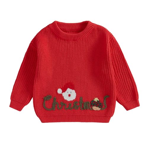 Baby Jungen Mädchen Weihnachten Pullover Christmas Stickerei Pullover Baby Unisex Weihnachtspulli Langarm Rundhalsausschnitt Buchstabenstickerei Weihnachten Strickpullover (Rot, 6-9 Months) von MAHUAOYIXI