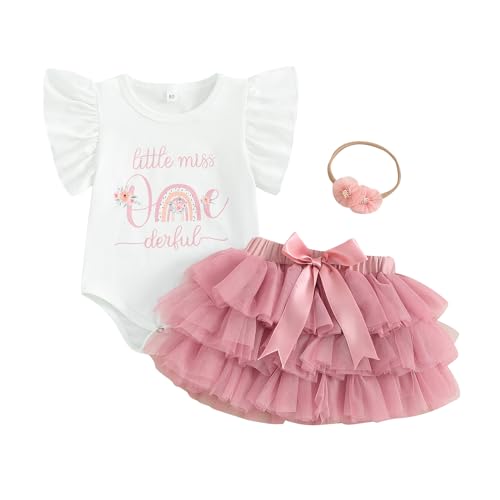 Baby Mädchen 1.Geburtstag Fotoshooting Outfit Lang/Kurzarm Strampler+Rock+Haarband Spitzen Patchwork Tutu Tüll Rock Set Baby Mädchen Geburtstag Prinzessin Tüllrock Outfit (Rosa-E, 12-18 Monate) von MAHUAOYIXI