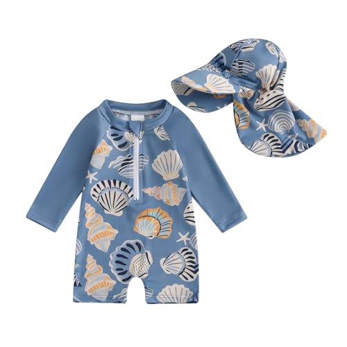 Baby Mädchen Badeanzug Einteiler Rash Guard Badeanzüge Mit Sonnenhut Baby UV-Schutz Badebekleidung Langarm Reißverschluss UPF 50+ Sonnenanzug Bademode Baby Schwimmanzug (Blau, 18-24 Months) von MAHUAOYIXI