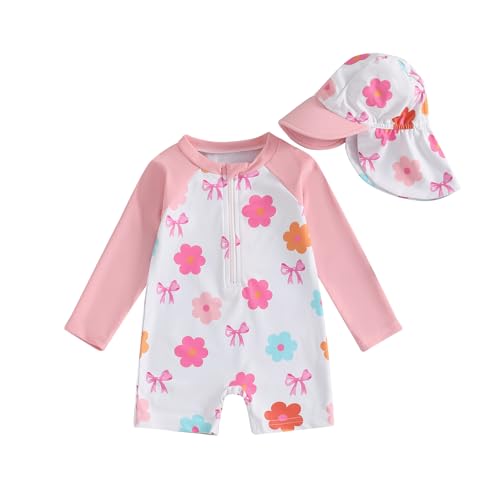 Baby Mädchen Badeanzug Einteiler Rash Guard Badeanzüge Mit Sonnenhut Baby UV-Schutz Badebekleidung Langarm Reißverschluss UPF 50+ Sonnenanzug Bademode Baby Schwimmanzug (Rosa-F, 6-12 Months) von MAHUAOYIXI