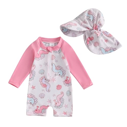 Baby Mädchen Badeanzug Einteiler Rash Guard Badeanzüge Mit Sonnenhut Baby UV-Schutz Badebekleidung Langarm Reißverschluss UPF 50+ Sonnenanzug Bademode Baby Schwimmanzug (Rosa-J, 3-6 Months) von MAHUAOYIXI