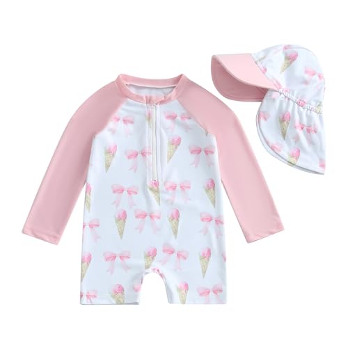 Baby Mädchen Badeanzug Einteiler Rash Guard Badeanzüge Mit Sonnenhut Baby UV-Schutz Badebekleidung Langarm Reißverschluss UPF 50+ Sonnenanzug Bademode Baby Schwimmanzug (Rosa-K, 12_months-24_months) von MAHUAOYIXI