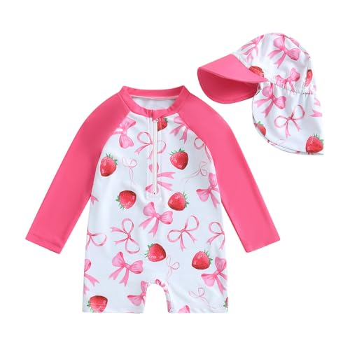 Baby Mädchen Badeanzug Einteiler Rash Guard Badeanzüge Mit Sonnenhut Baby UV-Schutz Badebekleidung Langarm Reißverschluss UPF 50+ Sonnenanzug Bademode Baby Schwimmanzug (Rosa-L, 6-12 Months) von MAHUAOYIXI