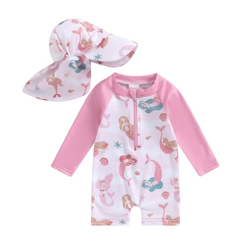 Baby Mädchen Badeanzug Einteiler Rash Guard Badeanzüge Mit Sonnenhut Baby UV-Schutz Badebekleidung Langarm Reißverschluss UPF 50+ Sonnenanzug Bademode Baby Schwimmanzug (Rosa-M, 3-6 Months) von MAHUAOYIXI