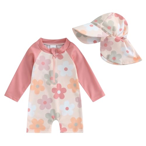 Baby Mädchen Badeanzug Einteiler Rash Guard Badeanzüge Mit Sonnenhut Baby UV-Schutz Badebekleidung Langarm Reißverschluss UPF 50+ Sonnenanzug Bademode Baby Schwimmanzug (Rosa-Z, 12_months-24_months) von MAHUAOYIXI