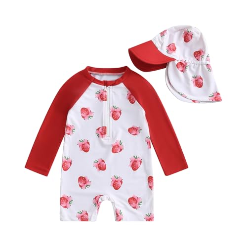Baby Mädchen Badeanzug Einteiler Rash Guard Badeanzüge Mit Sonnenhut Baby UV-Schutz Badebekleidung Langarm Reißverschluss UPF 50+ Sonnenanzug Bademode Baby Schwimmanzug (Rot-A, 6-12 Months) von MAHUAOYIXI
