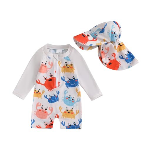 Baby Mädchen Badeanzug Einteiler Rash Guard Badeanzüge Mit Sonnenhut Baby UV-Schutz Badebekleidung Langarm Reißverschluss UPF 50+ Sonnenanzug Bademode Baby Schwimmanzug (Weiß, 12-18 Months) von MAHUAOYIXI