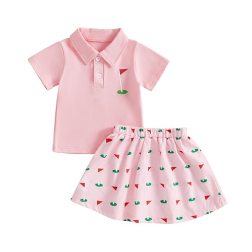 Baby Mädchen Frühling Sommer Outfit Kurze Ärmel Revers Kragen T-Shirt+Mini Rock Golf Set 2 Teiliges Golf Rock Set Baby Mädchen Sport Rock Set Rosa T-Shirt Mit Karierte Rock (Rosa-B, 12-18 Monate) von MAHUAOYIXI