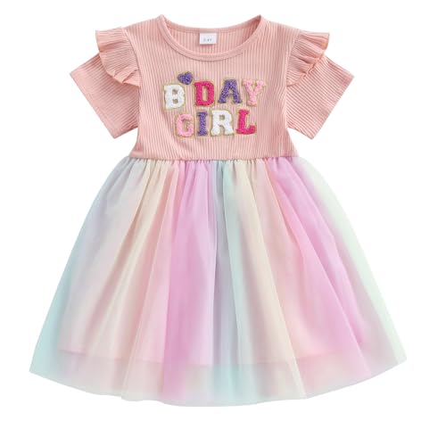 Baby Mädchen Geburtstag Kleid Geburtstag Prinzessin Bunte Tüll Kleid Kurzarm Rundhalsausschnitt Buchsatben Stickerei Mesh Tutu Kleid Geburtstags Party Fotoshooting Outfit (Rosa, 12-18 Months) von MAHUAOYIXI