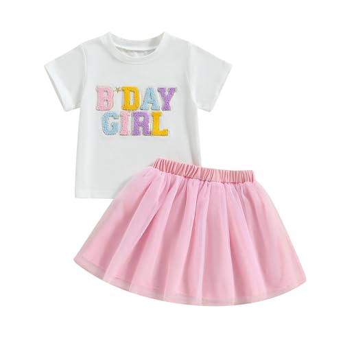 Baby Mädchen Geburtstag Outfit Kurzarm Brief Stickerei T-Shirt Mit Regenbogen Tüll Rock Baby Mädchen Geburtstag Prinzessin Tüllrock Geburtstag Spitzen Tutu Rock Outfit (Rosa-C, 2-3 Years) von MAHUAOYIXI