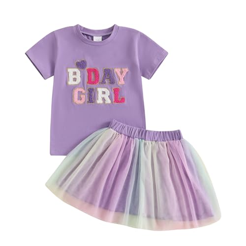 Baby Mädchen Geburtstag Outfit Kurzarm Brief Stickerei T-Shirt Mit Regenbogen Tüll Rock Baby Mädchen Geburtstag Prinzessin Tüllrock Set Geburtstag Spitzen Tutu Rock Outfit (Lila, 3-4 Years) von MAHUAOYIXI
