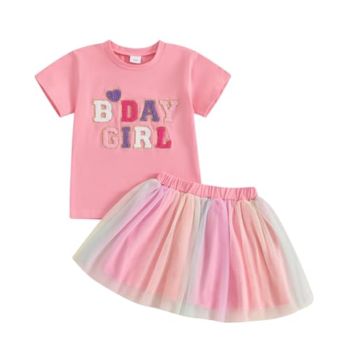 Baby Mädchen Geburtstag Outfit Kurzarm Brief Stickerei T-Shirt Mit Regenbogen Tüll Rock Baby Mädchen Geburtstag Prinzessin Tüllrock Set Geburtstag Spitzen Tutu Rock Outfit (Rosa, 7-8 Years) von MAHUAOYIXI