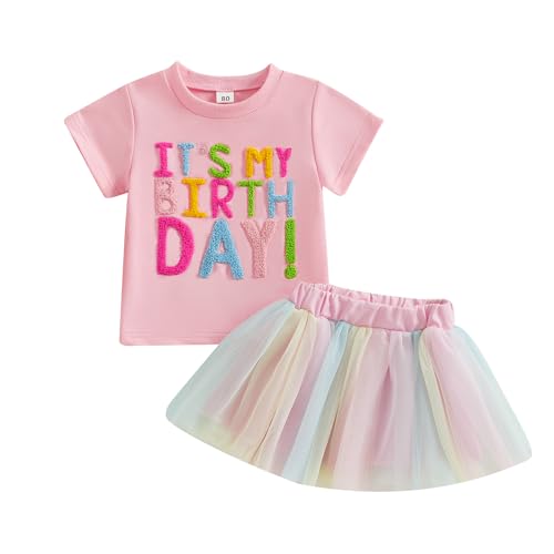 Baby Mädchen Geburtstag Outfit Kurzarm Brief Stickerei T-Shirt Mit Regenbogen Tüll Rock Baby Mädchen Geburtstag Prinzessin Tüllrock Set Geburtstag Spitzen Tutu Rock Outfit (Rosa-A, 2-3 Years) von MAHUAOYIXI