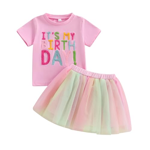 Baby Mädchen Geburtstag Outfit Kurzarm Brief Stickerei T-Shirt Mit Regenbogen Tüll Rock Baby Mädchen Geburtstag Prinzessin Tüllrock Set Geburtstag Spitzen Tutu Rock Outfit (Rosa-E, 4-5 Years) von MAHUAOYIXI