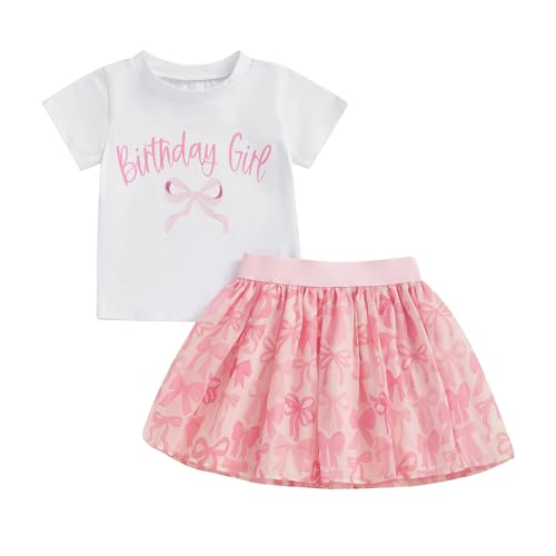 Baby Mädchen Geburtstag Outfit Kurzarm Brief Stickerei T-Shirt Mit Regenbogen Tüll Rock Baby Mädchen Geburtstag Prinzessin Tüllrock Set Geburtstag Spitzen Tutu Rock Outfit (Rosa-F, 3-4 Years) von MAHUAOYIXI