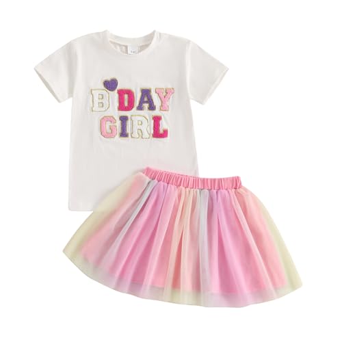 Baby Mädchen Geburtstag Outfit Kurzarm Brief Stickerei T-Shirt Mit Regenbogen Tüll Rock Baby Mädchen Geburtstag Prinzessin Tüllrock Set Geburtstag Spitzen Tutu Rock Outfit (Weiß, 2-3 Years) von MAHUAOYIXI
