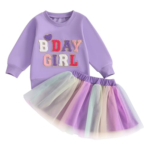 Baby Mädchen Geburtstag Outfit Prinzessein Spitzen Rock Set Langarm Buchstaben Stickerei Sweatshirt+Tutu Tüllrock Geburtstag Rock Set Mehrfarbig Prinzessein Tütü Rock Outfit (Lila-A, 3-4 Jahre) von MAHUAOYIXI