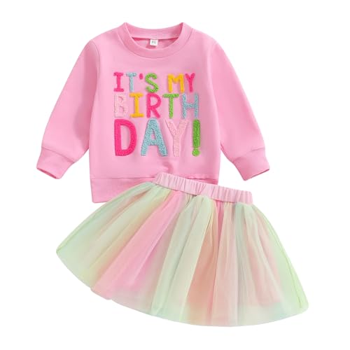 Baby Mädchen Geburtstag Outfit Prinzessein Spitzen Rock Set Langarm Buchstaben Stickerei Sweatshirt+Tutu Tüllrock Geburtstag Rock Set Mehrfarbig Prinzessein Tütü Rock Outfit (Rosa-A, 2-3 Jahre) von MAHUAOYIXI