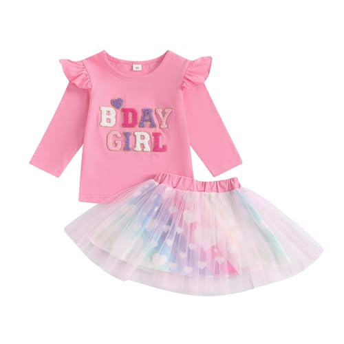 Baby Mädchen Geburtstag Outfit Prinzessein Spitzen Rock Set Langarm Buchstaben Stickerei Sweatshirt+Tutu Tüllrock Geburtstag Rock Set Mehrfarbig Prinzessein Tütü Rock Outfit (Rosa-E, 2-3 Jahre) von MAHUAOYIXI
