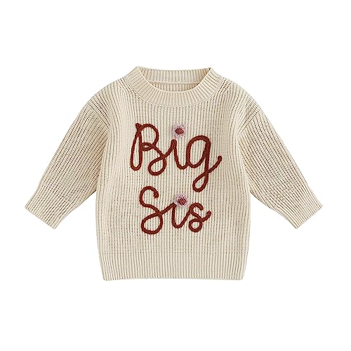 Baby Mädchen Gestrickte Pullover Schwester Matching Blumen Pullover Lil/Big Sister Stickerei Pullover Herbst Winter Blumen Strickpullover Schwester Passende Strickwaren Top (Beige-Big, 2-3 Years) von MAHUAOYIXI