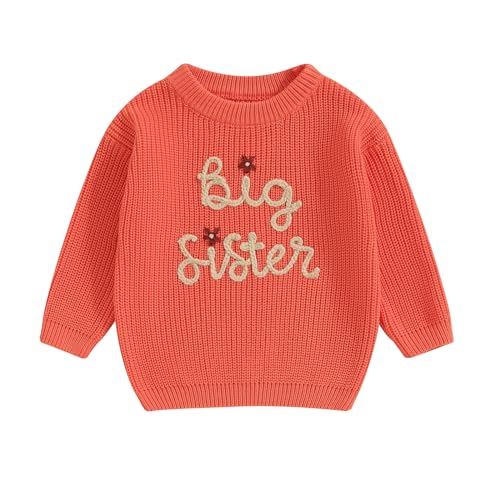 Baby Mädchen Gestrickte Pullover Schwester Matching Blumen Pullover Lil/Big Sister Stickerei Pullover Herbst Winter Blumen Strickpullover Schwester Passende Strickwaren Top (Orange, 3-4 Years) von MAHUAOYIXI