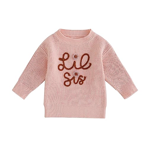 Baby Mädchen Gestrickte Pullover Schwester Matching Blumen Pullover Lil/Big Sister Stickerei Pullover Herbst Winter Blumen Strickpullover Schwester Passende Strickwaren Top (Rosa-Lil, 0-6 Months) von MAHUAOYIXI