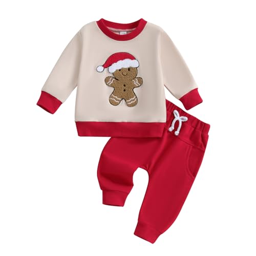 Baby Mädchen Weihnachten Outfit Merry Christmas Sportanzug Langarm Merry Christmas Stickerei Sweatshirt+Elastische Sporthose Bestickte Weihnachtsman Hosenanzug Für Mädchen (Beigerot, 3-6 Months) von MAHUAOYIXI