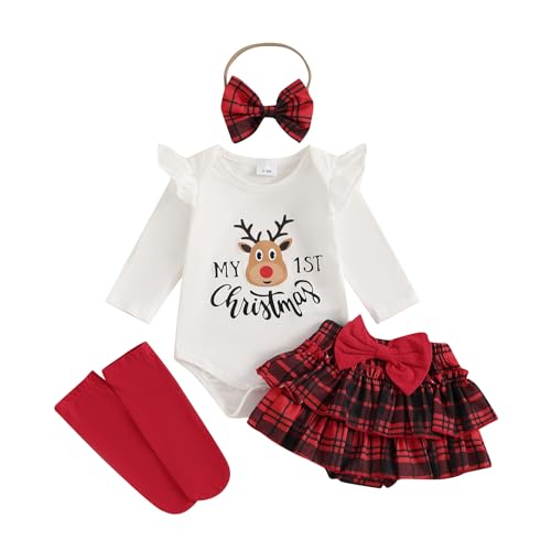 Baby Mädchen Weihnachtsoutfit My 1st Christmas Rock Set Langarm Santa Baby Strampler+Tutu Rock+Stirnband+Beinwärmer 4tlg Weihnachten Set Fürs Mädchen Baby Christmas Outfits (Weiß, 6-9 Months) von MAHUAOYIXI