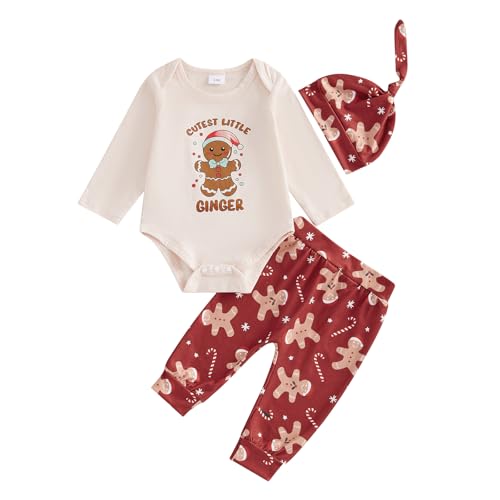 Baby Unisex Weihnachten Beikleidungsset My First Christmas Outfit Langarm Christmas Strampler+Hosenträger Hose+Hut 3 Teiliges Weihnachtsoutfit Weiche Weihnachten Babyset (Dunkelrot, 3-6 Months) von MAHUAOYIXI