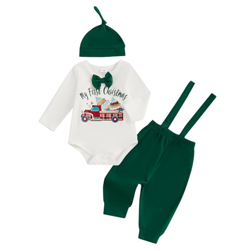 Baby Unisex Weihnachten Beikleidungsset My First Christmas Outfit Langarm Christmas Strampler+Hosenträger Hose+Hut 3 Teiliges Weihnachtsoutfit Weiche Weihnachten Babyset (Grün, 12-18 Months) von MAHUAOYIXI