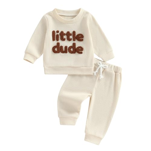 MAHUAOYIXI Baby Jungen Herbst Winter Outfit 2 Teiliges Little Dude Stickerei Hosen Set Langarm Einfarbiges Buchstaben Stickerei Sweatshirt+Elastische Taille Hosen Outfits Trainingsanzug Sportsanzug von MAHUAOYIXI