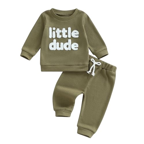MAHUAOYIXI Baby Jungen Herbst Winter Outfit 2 Teiliges Little Dude Stickerei Hosen Set Langarm Einfarbiges Buchstaben Stickerei Sweatshirt+Elastische Taille Hosen Outfits Trainingsanzug Sportsanzug von MAHUAOYIXI