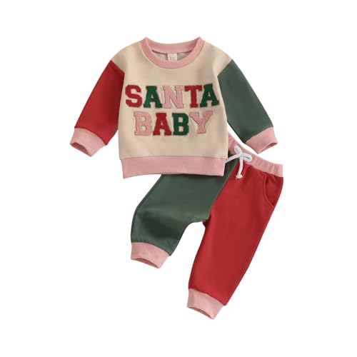 MAHUAOYIXI Baby Jungen Weihnachten Outfit Santa Baby Stickerei Farbeblock Sportanzug Langarm Bestickte Buchstaben Sweatshirt+Elastische Hose 2 Teiliges Santa Baby Bekleidungsset (Rot, 6-12 Months) von MAHUAOYIXI