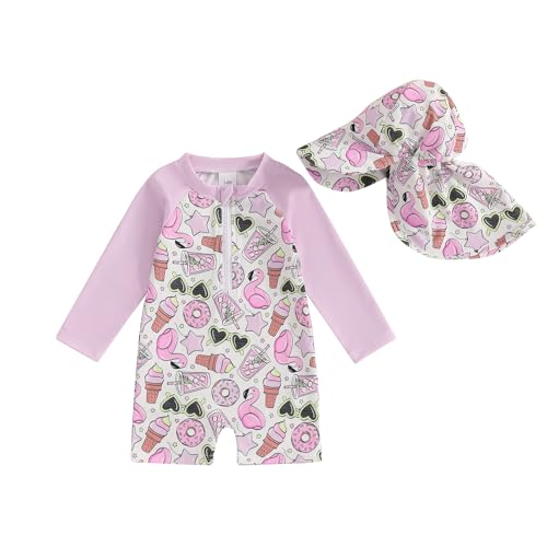 MAHUAOYIXI Baby Mädchen Badeanzug Einteiler Rash Guard Badeanzüge Mit Sonnenhut Baby UV-Schutz Badebekleidung Langarm Reißverschluss UPF 50+ Sonnenanzug Bademode Baby Schwimmanzug (Lila, 3-6 Months) von MAHUAOYIXI