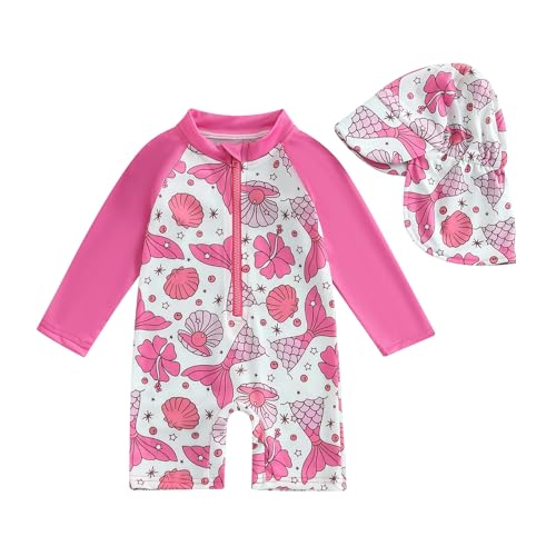 MAHUAOYIXI Baby Mädchen Badeanzug Einteiler Rash Guard Badeanzüge Mit Sonnenhut Baby UV-Schutz Badebekleidung Langarm Reißverschluss UPF 50+ Sonnenanzug Bademode Baby Schwimmanzug (Rosa-E, 2-3 Years) von MAHUAOYIXI