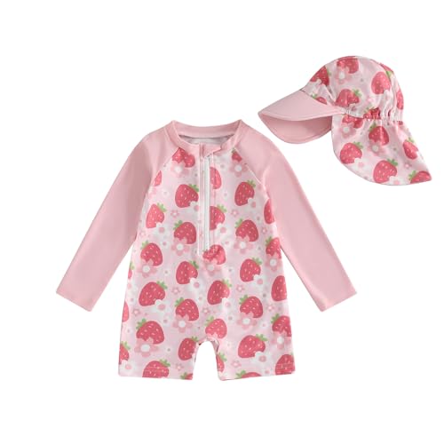 MAHUAOYIXI Baby Mädchen Badeanzug Einteiler Rash Guard Badeanzüge Mit Sonnenhut Baby UV-Schutz Badebekleidung Langarm Reißverschluss UPF 50+ Sonnenanzug Bademode Baby Schwimmanzug (Rosa-H, 3-4 Years) von MAHUAOYIXI