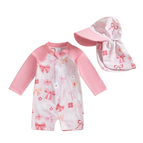 MAHUAOYIXI Baby Mädchen Badeanzug Einteiler Rash Guard Badeanzüge Mit Sonnenhut Baby UV-Schutz Badebekleidung Langarm Reißverschluss UPF 50+ Sonnenanzug Bademode Baby Schwimmanzug (Rosa-N, 2-3 Years) von MAHUAOYIXI