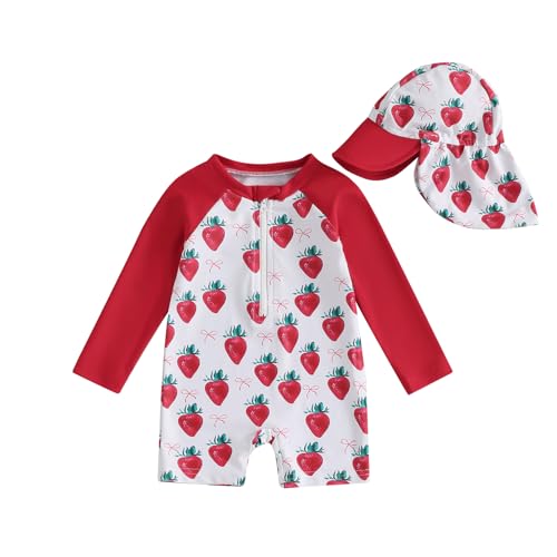 MAHUAOYIXI Baby Mädchen Badeanzug Einteiler Rash Guard Badeanzüge Mit Sonnenhut Baby UV-Schutz Badebekleidung Langarm Reißverschluss UPF 50+ Sonnenanzug Bademode Baby Schwimmanzug (Rot, 3-6 Months) von MAHUAOYIXI
