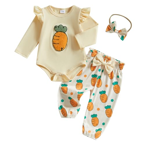 MAHUAOYIXI Kleinkind Baby Mädchen Ostern Outfits Karotte Stickerei Langarm Tops Strampler mit elastischer Taille Hose Stirnband 3-teiliges Set Babykleidung für Mädchen, gelb, 0-3 Months von MAHUAOYIXI