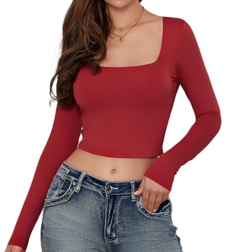 MAHUAOYIXI Langarm-T-Shirt für Damen, sexy, elegant, mit langen Ärmeln und quadratischem Ausschnitt, einfarbig, Mädchen, Crop-Tops, Mädchen, figurbetontes Top, kurzes elegantes Hemd, rot, Medium von MAHUAOYIXI